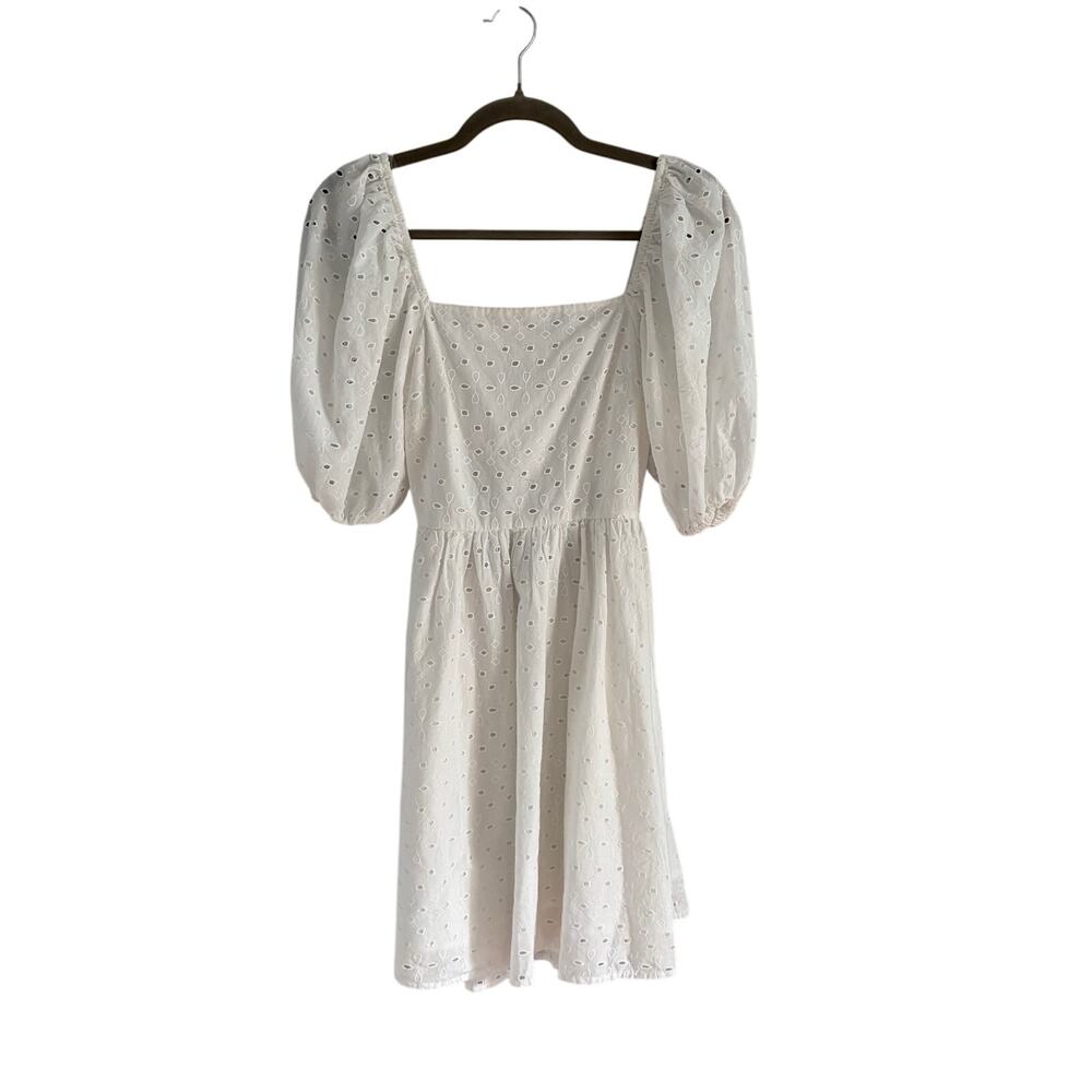 A New Day White Eyelet Mini Dress Smocked Back Puffed Sleeves Women's XS